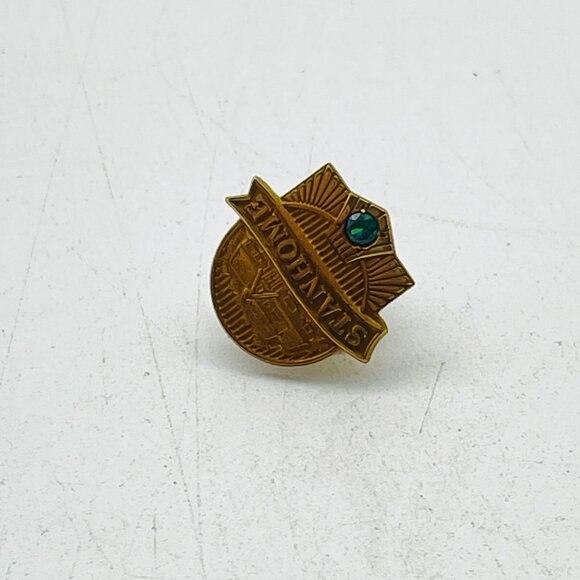 Vintage STANHOME Gold Tone Brooch Pin Green Rhinestone Cottage Design Realtor - Picture 4 of 6